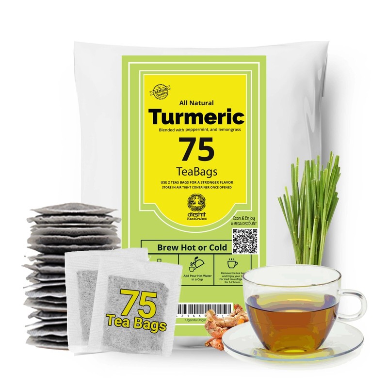 75 Turmeric Tea Bags, Turmeric Tea with Black Pepper, Herbal Detox Blend