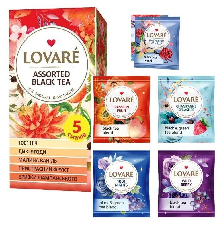 Ukrainian Natural Assorted Black Tea LOVARE Floral & Fruit 5 Flavors 25 Tea Bags