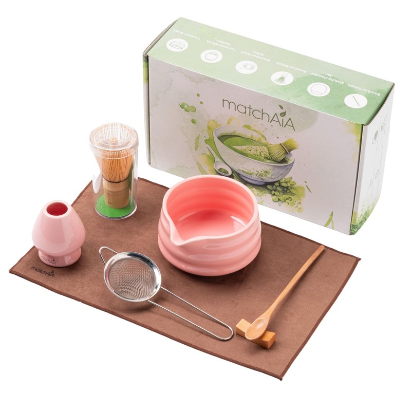 Matcha Whisk Set – Ceramic Bowl, Bamboo Whisk with Holder, Sifter, Schima Spo…