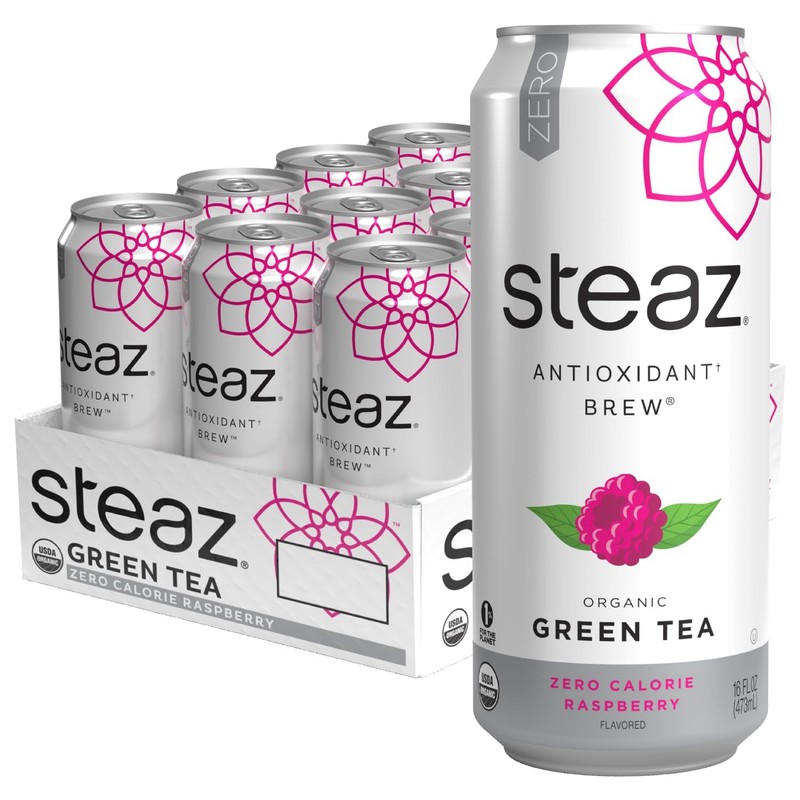 Steaz Zero Calorie Raspberry Organic Green Tea 16 Fl Oz Pack Of 12 Cans