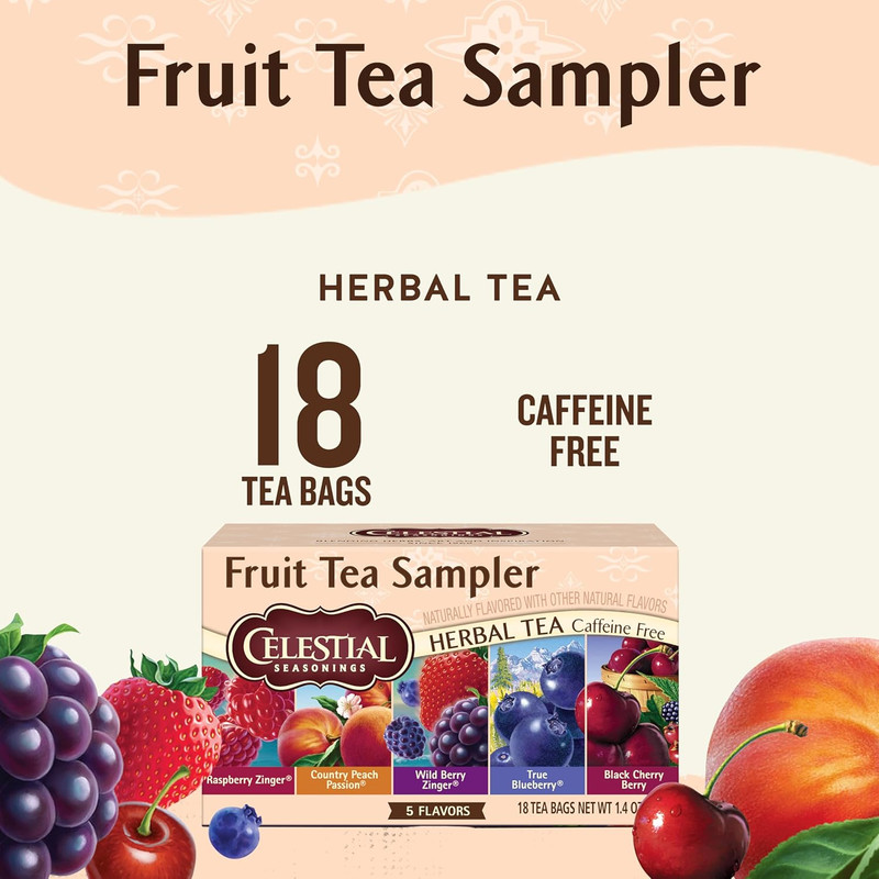 Fruit Tea Sampler Herbal Tea Variety Pack, Caffeine Free, 18 Tea Bags per Box gallery
