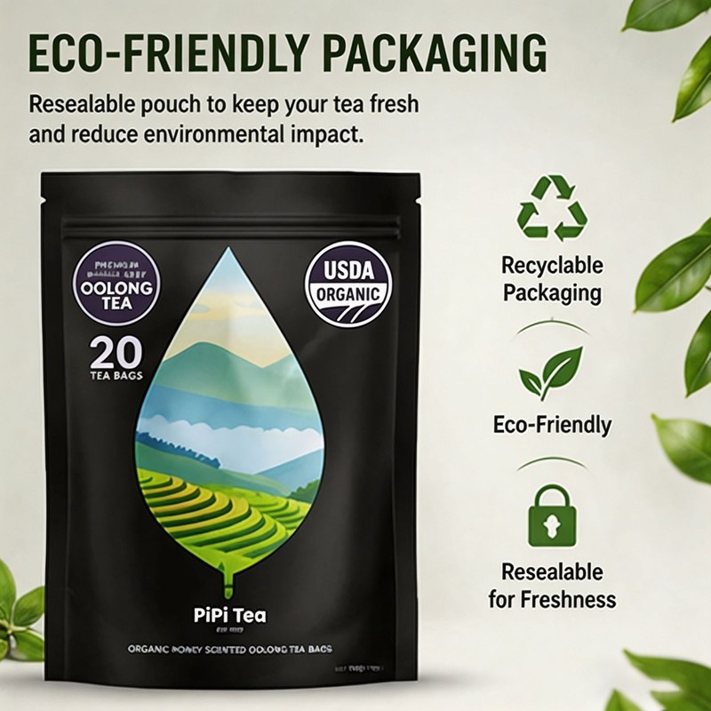 PiPi Tea Organic Oolong Tea Bags - Whole Leaf, 20 Bags (4g Each) - Cortisol &Ca1 gallery