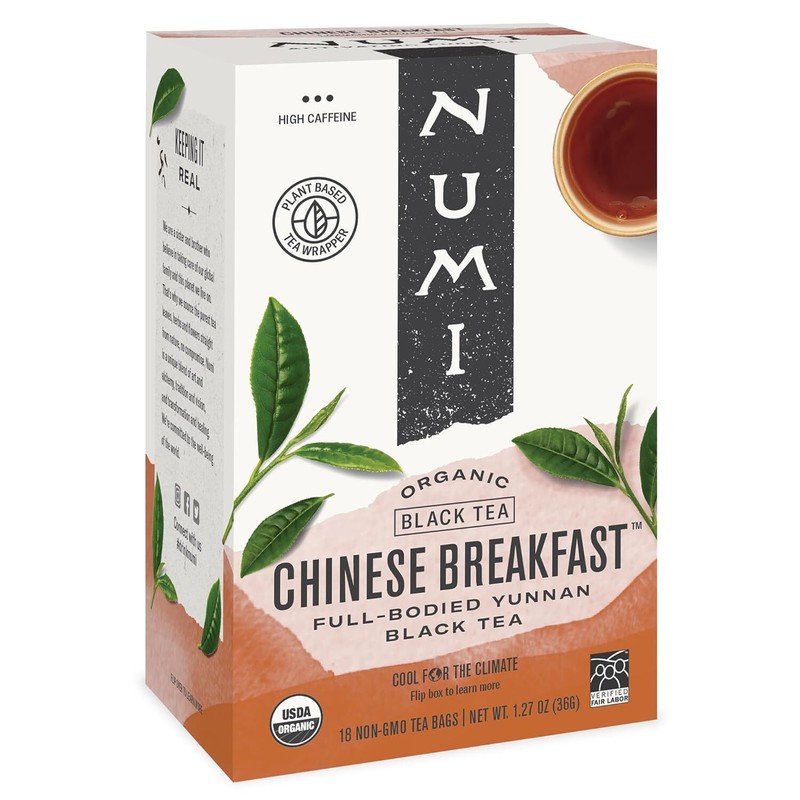 Numi Organic Tea Chinese Breakfast, 18 Count Box of Tea Bags, Yunnan Black Tea