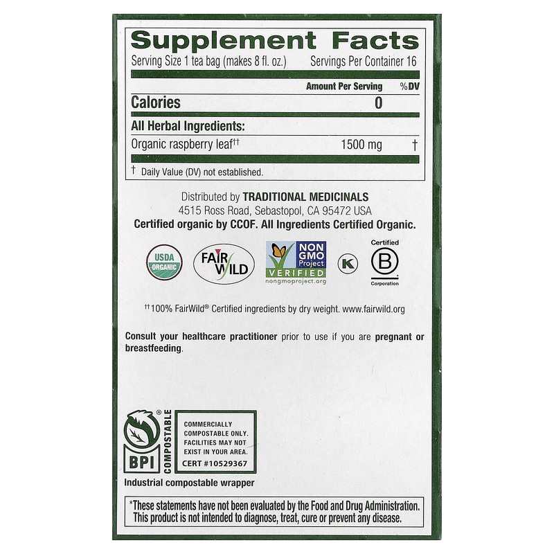 Organic Raspberry Leaf, Caffeine Free, 16 Wrapped Tea Bags, 0.85 oz (24 g) gallery