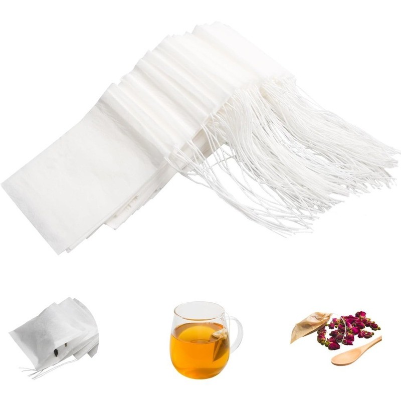 100pcs Unbleached Natural Wood Pulp Tea Bags Drawstring Disposable Empty