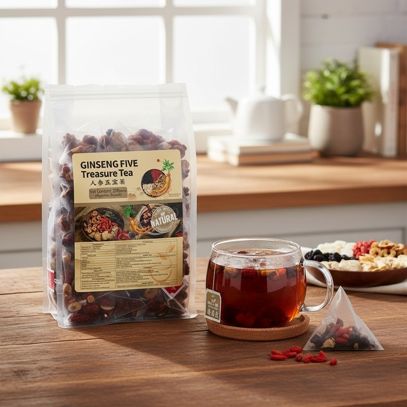Ginseng Five Treasures Tea Kidney Tea, Traditional Chinese Herbal Tea, Natural O