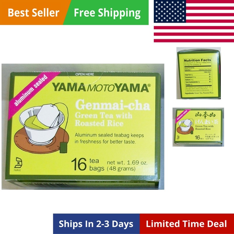 Genmai-cha Green Tea with Roasted Rice 16 Count Tea Bags Aluminum Sealed 3 Pack