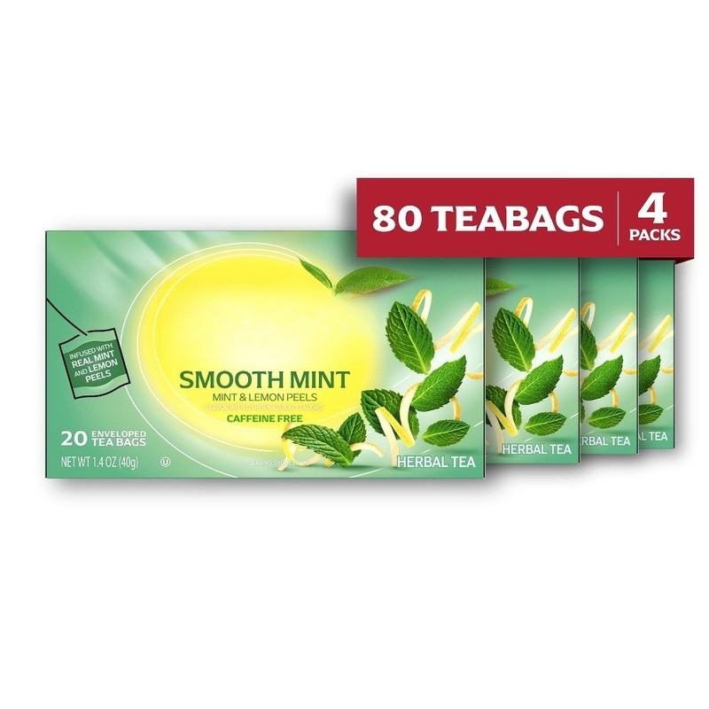 Smooth Mint Tea Bags, Fruit & Herbal Tea, Caffeine Free, 20 count, pack of 4