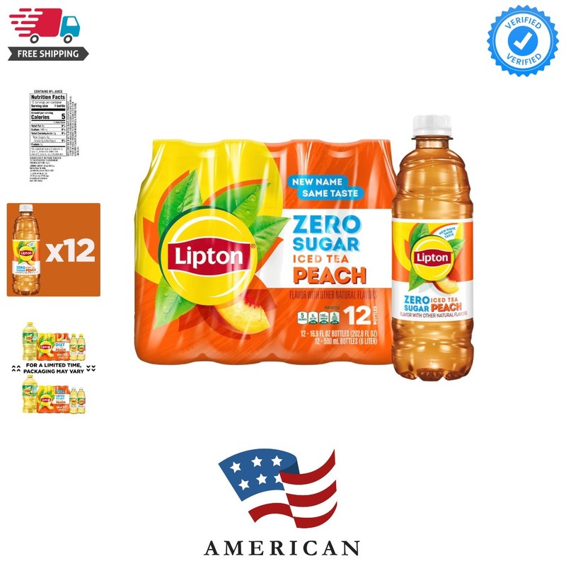 Lipton Zero Sugar Iced Tea, Peach, 16.9 fl oz Bottles, 12 Pack