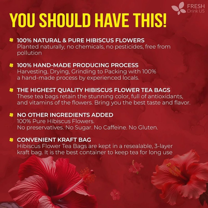 Premium 140 Hibiscus Flowers Tea Bags, 100% Natural, Handmade & Pure from Hibi.. gallery