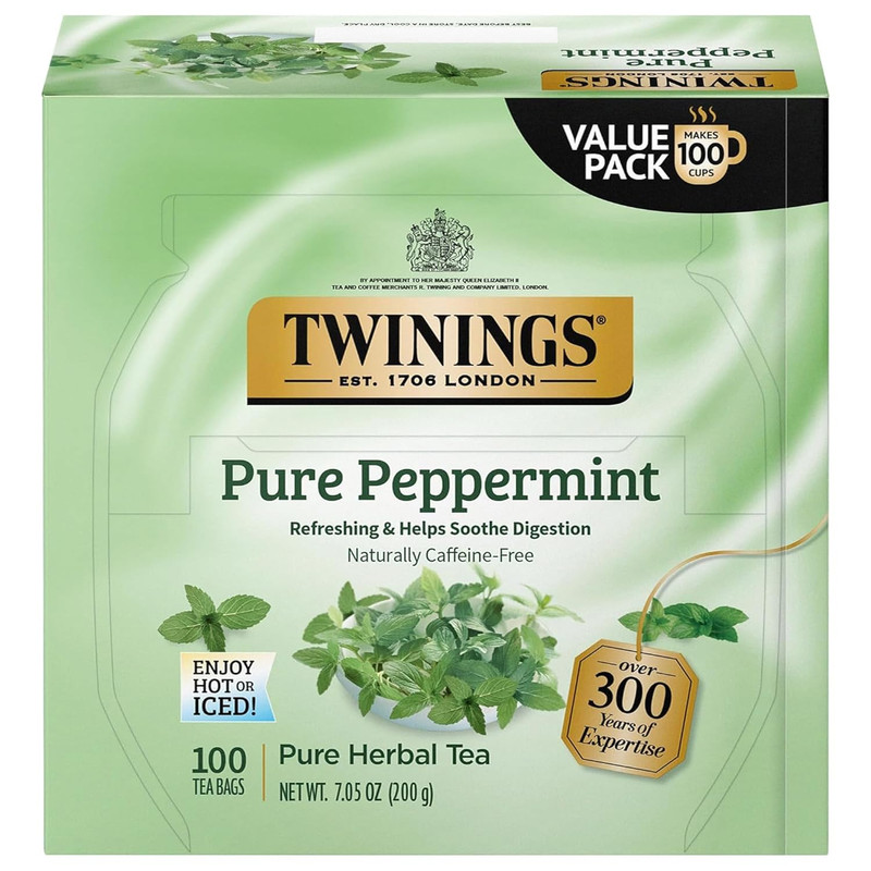 Pure Peppermint Herbal Tea Individually Wrapped Bags, 100 Count (Pack of 1), Fre