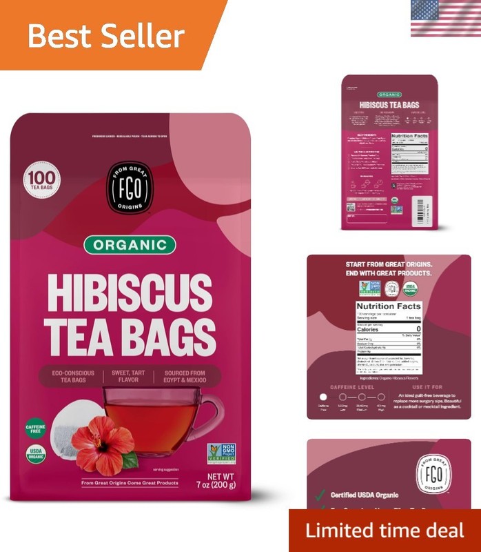 Organic Hibiscus Tea, 100 Count, Eco-Conscious Tea Bags, Caffeine Free, Packa…