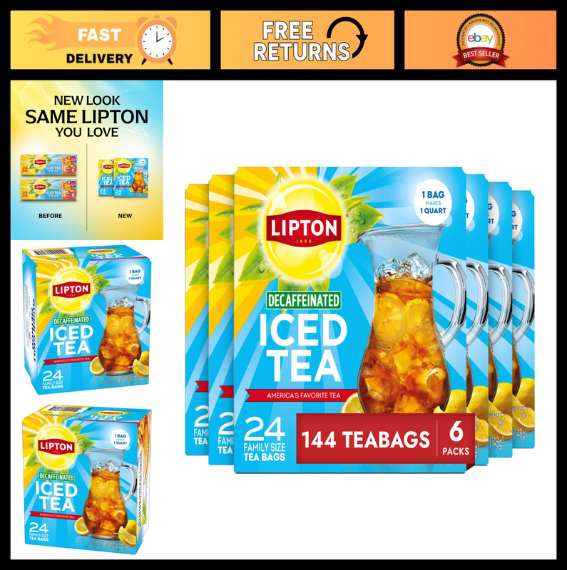 Decaf Black Iced Tea Bags - Family Size, Zero Calories, 144 Total Bags (6 Packs)