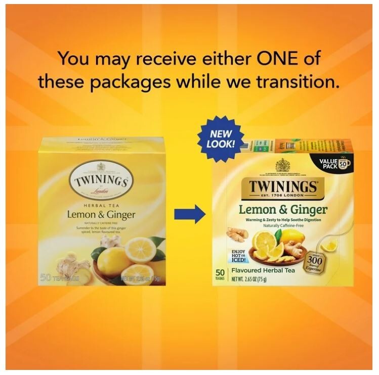 Twinings Lemon & Ginger Herbal Tea Bags, Caffeine Free, 50 Count Box gallery
