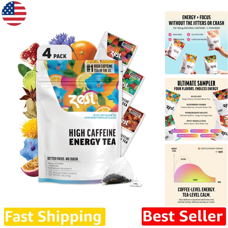 High Caffeine Tea Bags Sampler – 80 Count Energy Focus Boost – Natural Keto C…