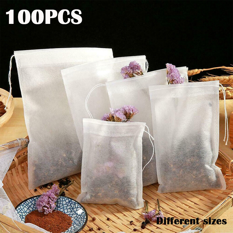 100x Disposable Non-woven Tea bag Filter Empty Teabags Herb Loose Drawstring Bag