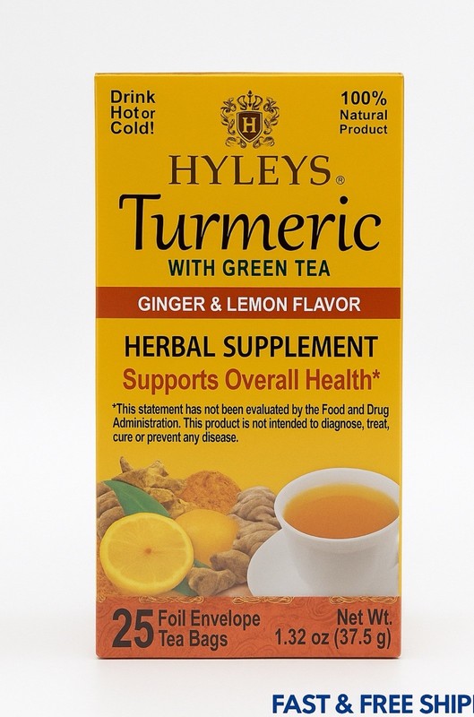 2 Pack Hyleys Turmeric Green Tea Ginger Lemon 25 Bags Detox Herbal Tea