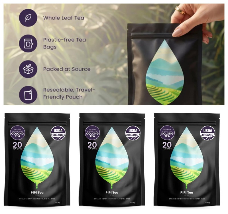 PiPi Tea Organic Oolong Tea Bags Whole Leaf 20Bags(4g) Cortisol & Calming Tea