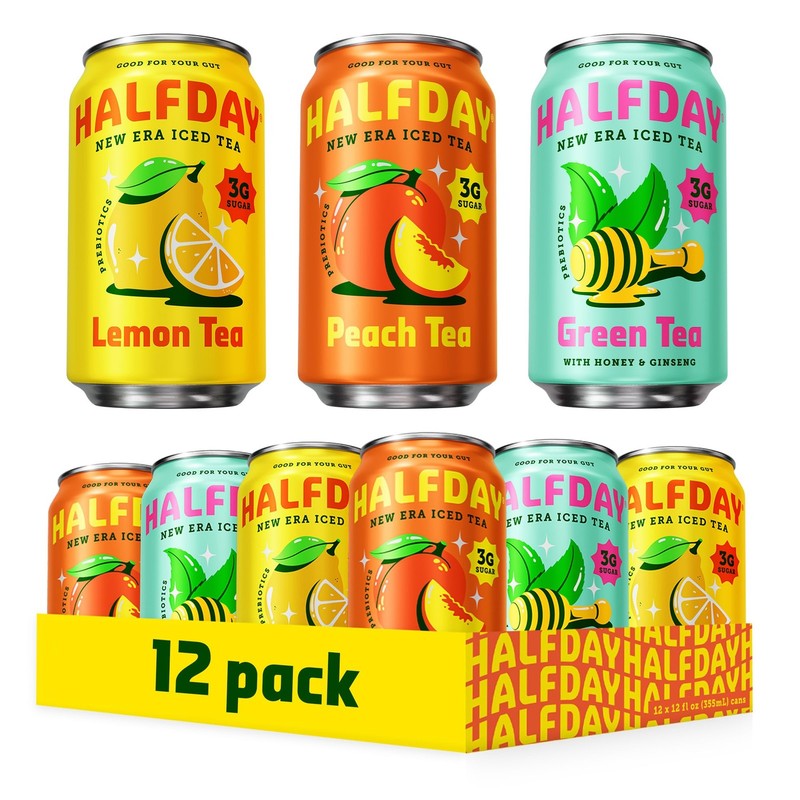 HALFDAY Prebiotic Iced Tea Lemon, Peach Green Tea Variety Pack, Supports Dig…