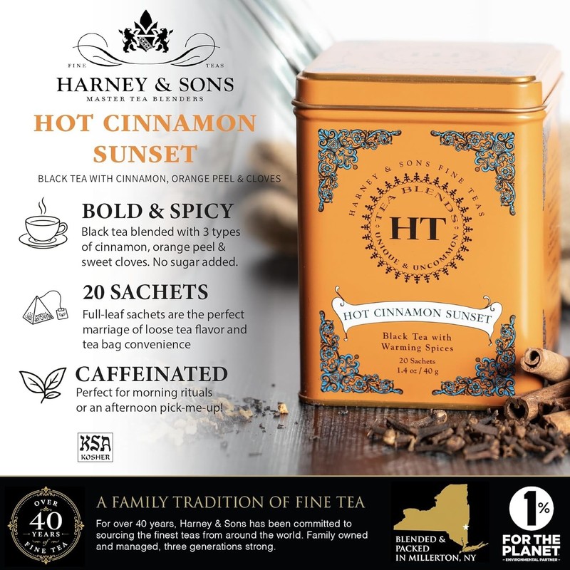 Hot Cinnamon Sunset Tea - Caffeinated Black Tea with Orange & Cloves, 20 Sachets gallery
