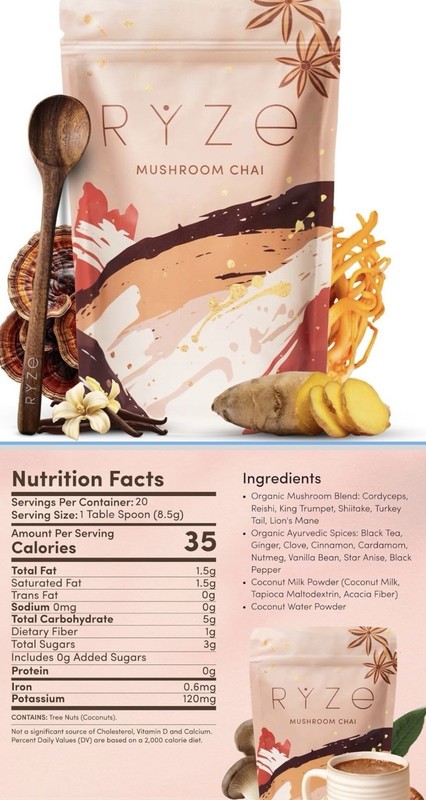RYZE Mushroom Chai Tea & Infusion Powder Adaptogenic Non-GMO Ayurvedic Spices