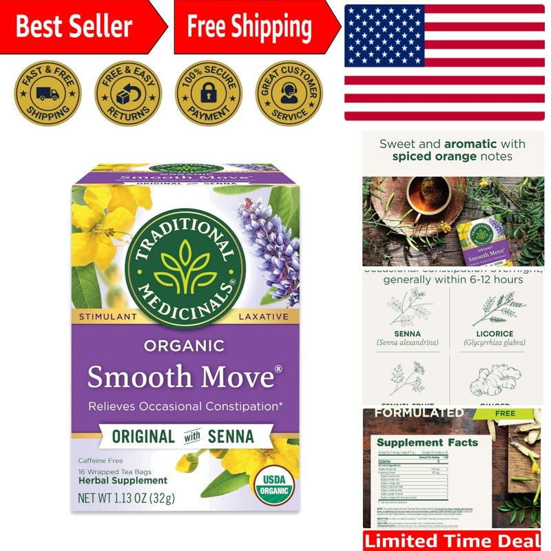 Smooth Move Herbal Tea – 16 Caffeine-Free Bags for Overnight Digestive Comfort