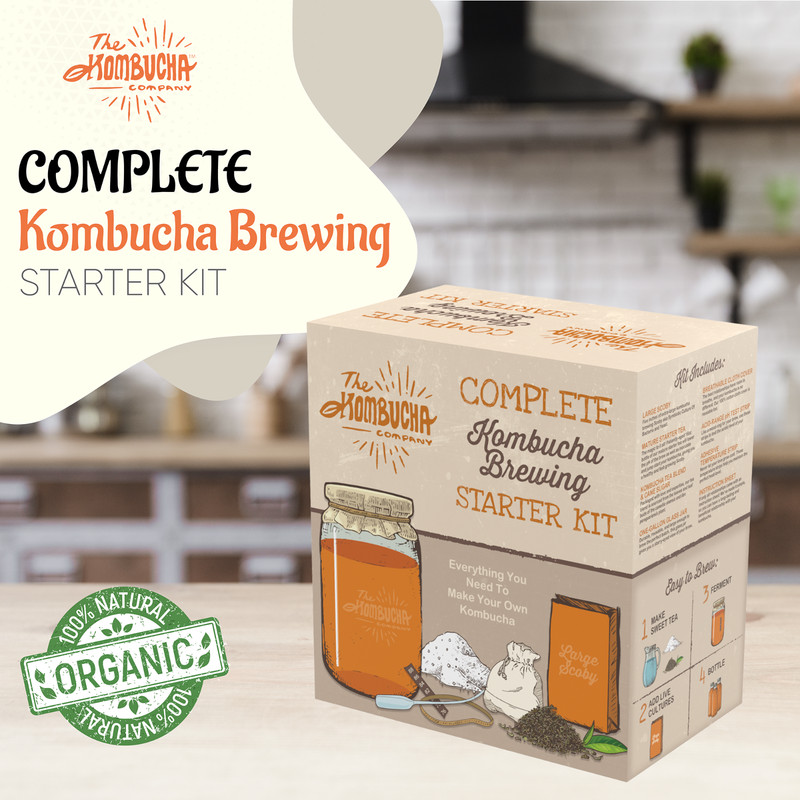 Complete Kombucha Brewing Starter Kit – Scoby and 16oz Starter Tea + supplies