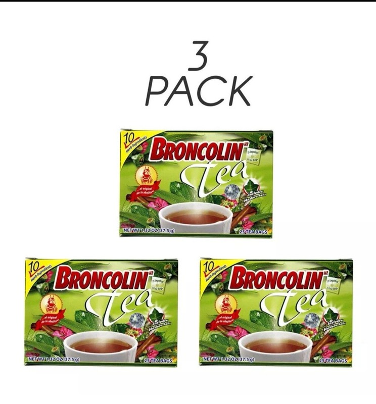 Broncolin Herbal Tea. Cold, Cough and Flu Relief. 25 Bags. 1.32 Oz. Pack of 3