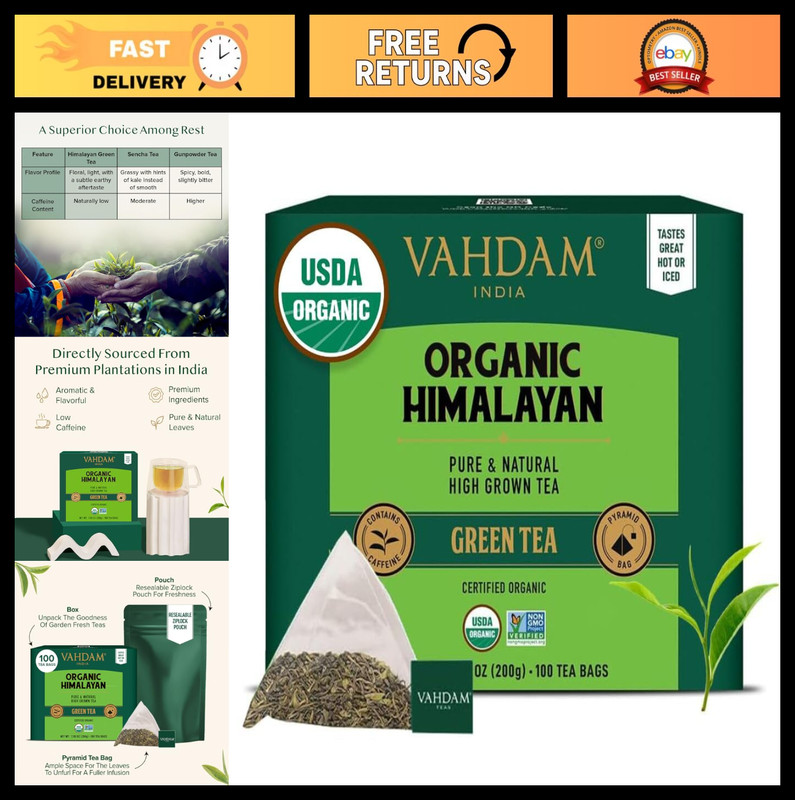 Organic Himalayan Green Tea – 100 Count, Non-GMO, Gluten-Free, Low Caffeine, Ear