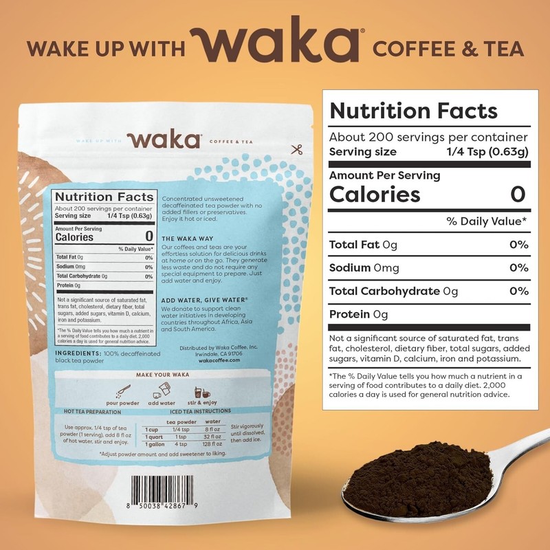 Waka Decaffeinated Instant Black Tea - 4.5oz Powder for 200 Drinks, Pure Tea gallery