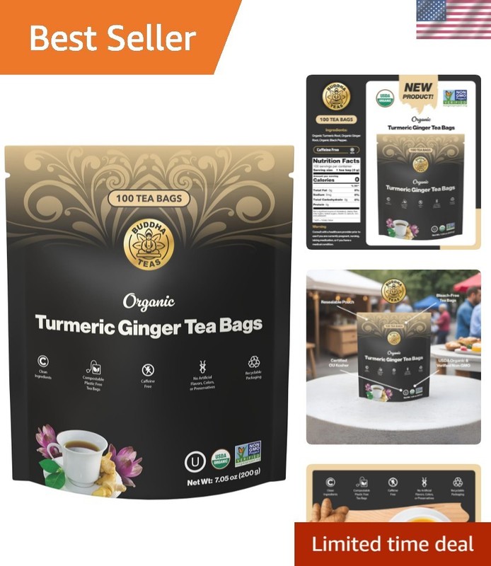 Caffeine-Free Organic Turmeric-Ginger Tea Bags – 100 Count for Digestion Support