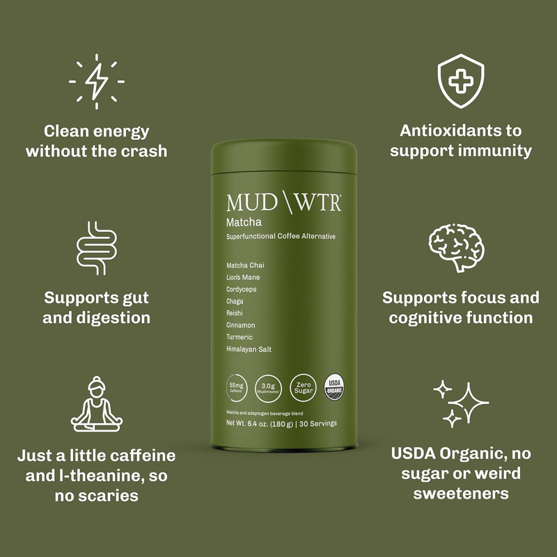 MUDWTR Mushroom Matcha Powder | 3,000mg Adaptogens for Energy & Focus gallery