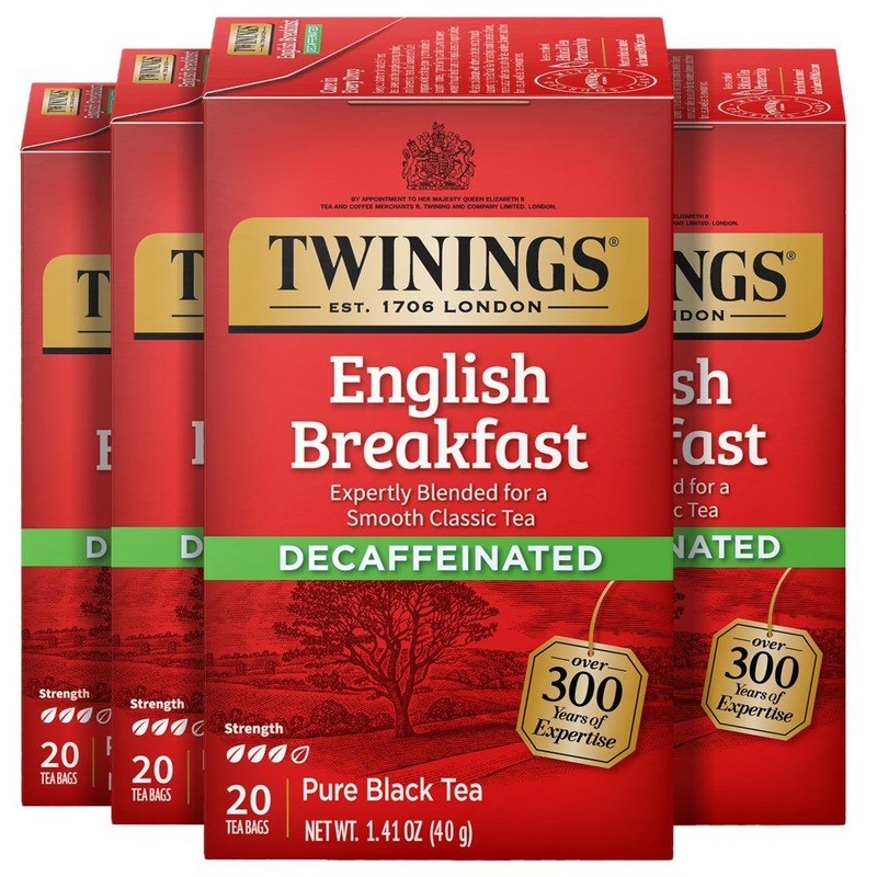 (4 pack) English Breakfast Decaffeinated Pure Black Tea Bags, 20 Count Box