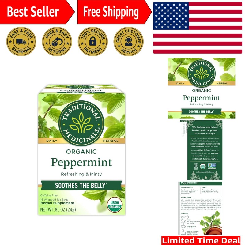 Organic Peppermint Tea 16 ct – Soothing, Refreshing & Digestive Health Booster