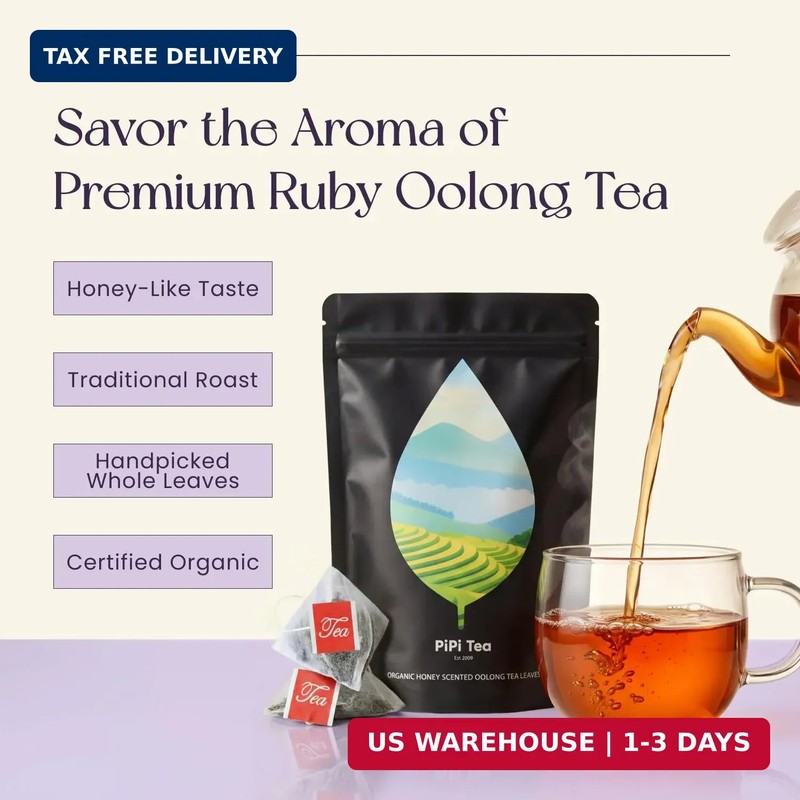 PiPi Tea Organic Oolong Tea Bags - Whole Leaf, 20 Bags (4g Each) - Cortisol & Ca gallery