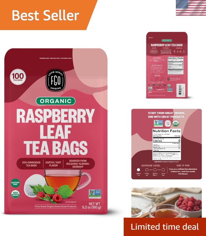 Organic Red Raspberry Leaf Tea Bags, 100 Eco-Conscious Tea Bags, Caffeine Fre…