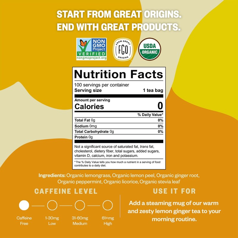 FGO Organic Lemon Ginger Tea, 100 Count, EcoConscious Tea Bags, Resealable Ba... gallery