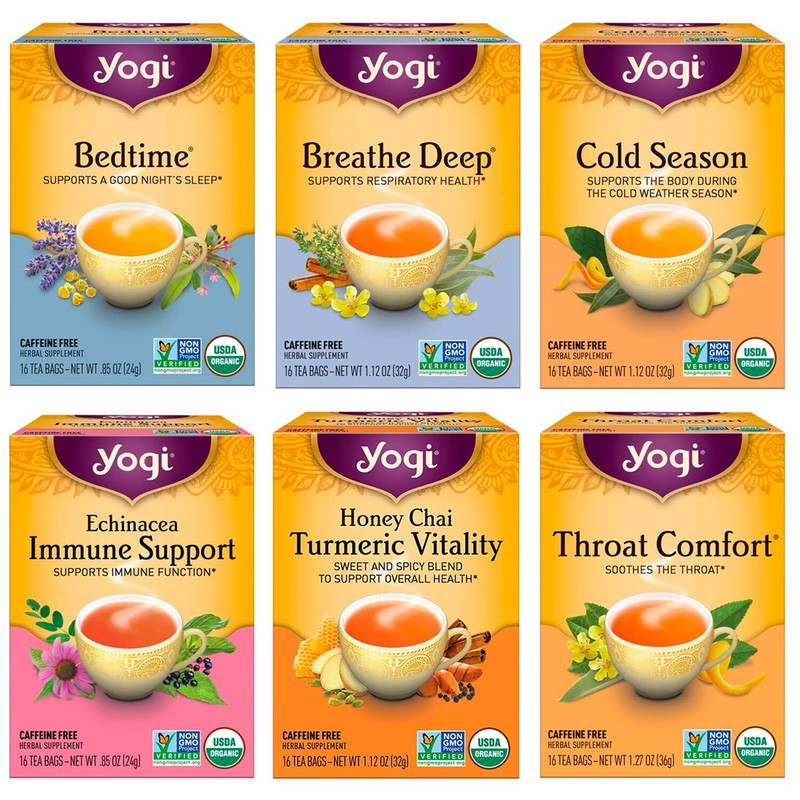 Yogi Tea Get Well Variety Pack Sampler, 6 Pack Caffeine Free 96 Organic Tea Bags