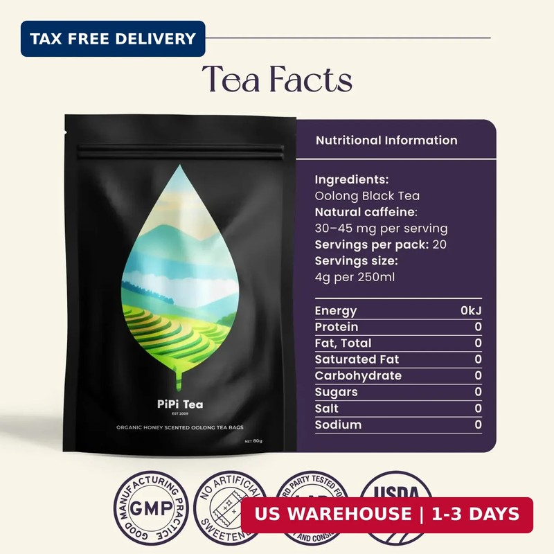 PiPi Tea Organic Oolong Tea Bags - Whole Leaf, 20 Bags (4g Each) - Cortisol & Ca gallery