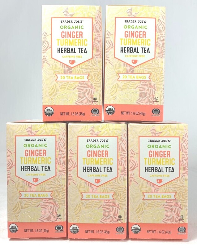 Trader Joe's Organic Ginger Turmeric Herbal Tea Box Caffeine Free Tumeric