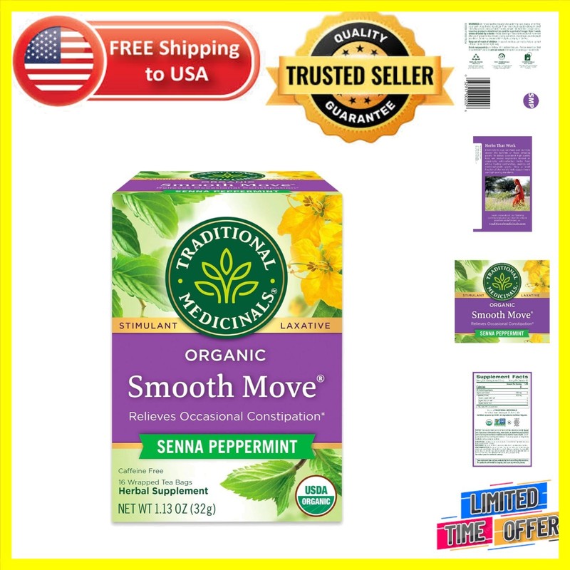 Caffeine-Free Smooth Move Peppermint Tea – Natural Constipation Aid, 16 Bags