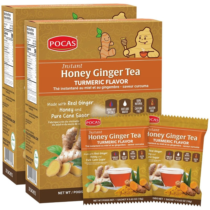 Pocas Honey Ginger Tea – Instant Powder Packets 20 Count (Pack of 2)