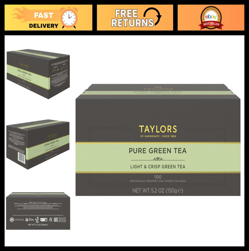 Pure Green Tea Bags - 100 Individually Wrapped, Caffeinated, Hot/Iced, Mellow Fl