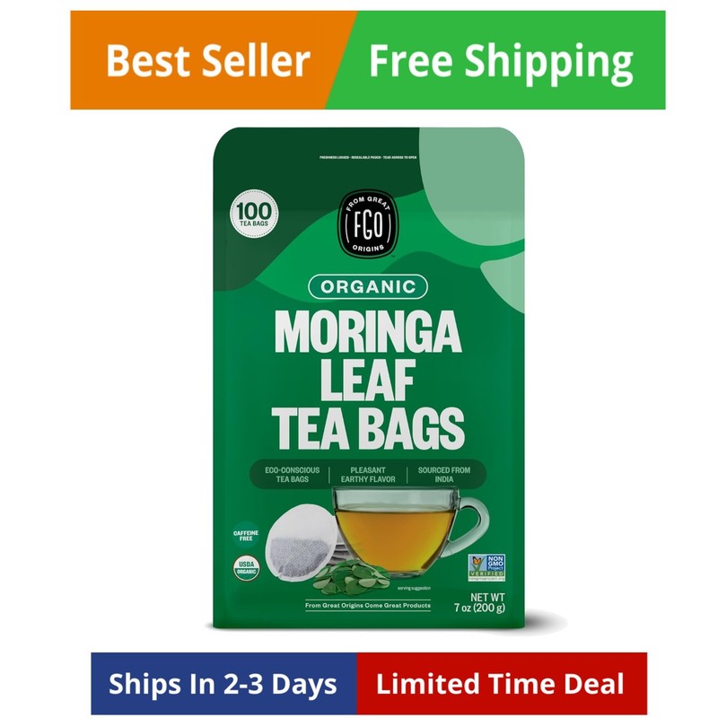 Organic Moringa Tea, 100 Count, Eco-Conscious Tea Bags, Resealable Bag, Caffe…