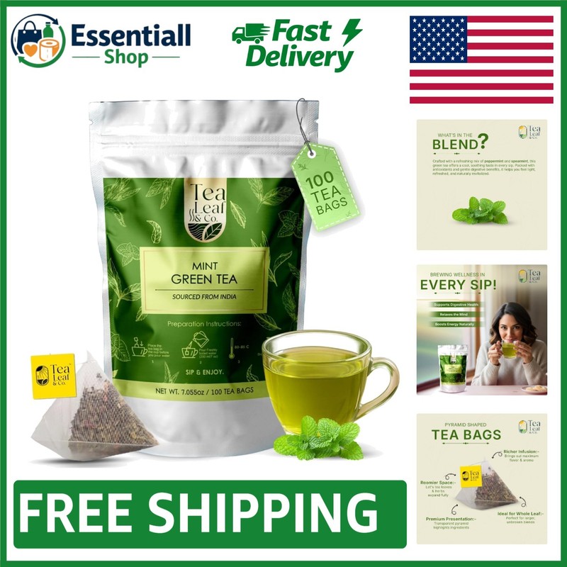 100 Pyramid Tea Bags – Tealeaf & Co. Refreshing Mint Green Blend, Gluten-Free