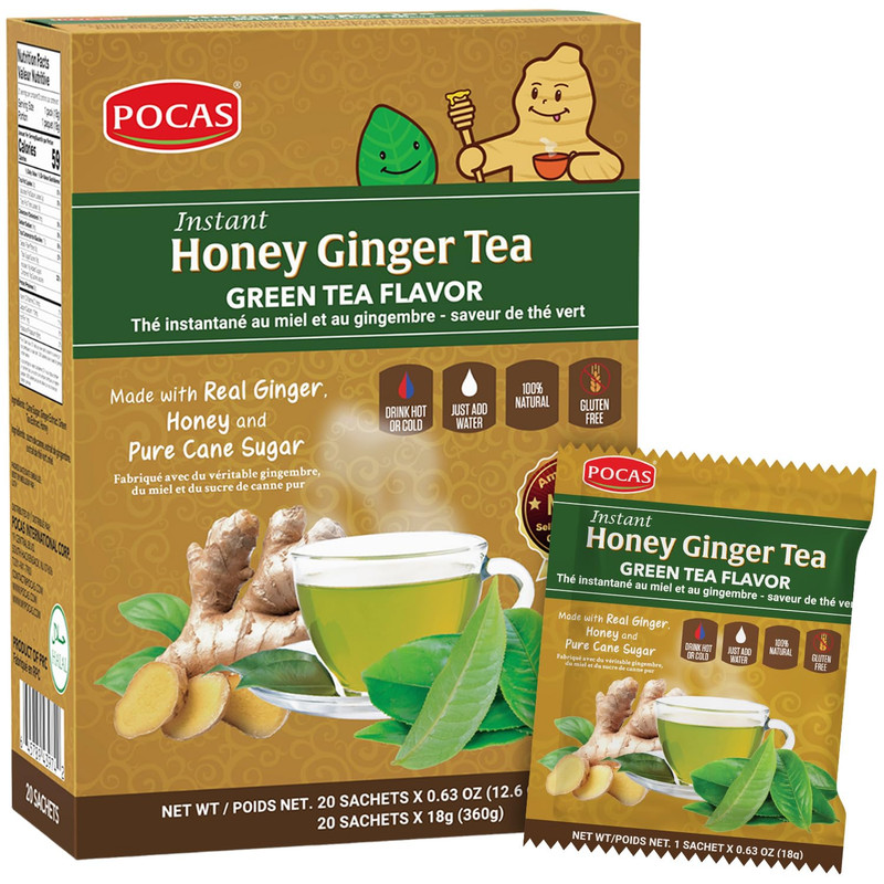 Honey Ginger Instant Tea Powder, Green Tea Flavor, Ginger Extract & Real Honey,