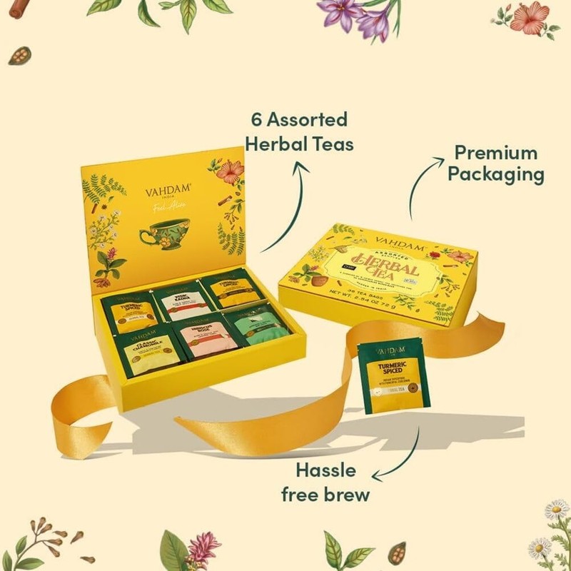 VAHDAM Assorted Herbal Tea Variety Pack 6 Variants 36 Tea Bags Caffeine Free ... gallery