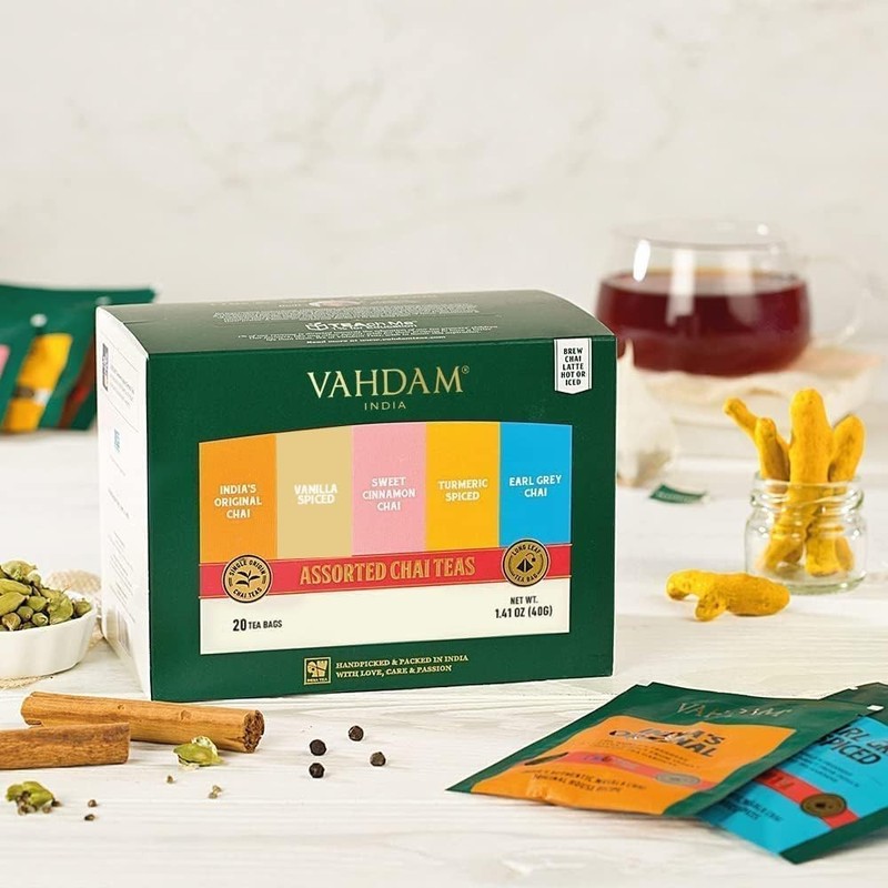 Exquisite Assorted Chai Tea Sampler - 20 Ecofriendly Pyramid Bags, 5 Flavors gallery