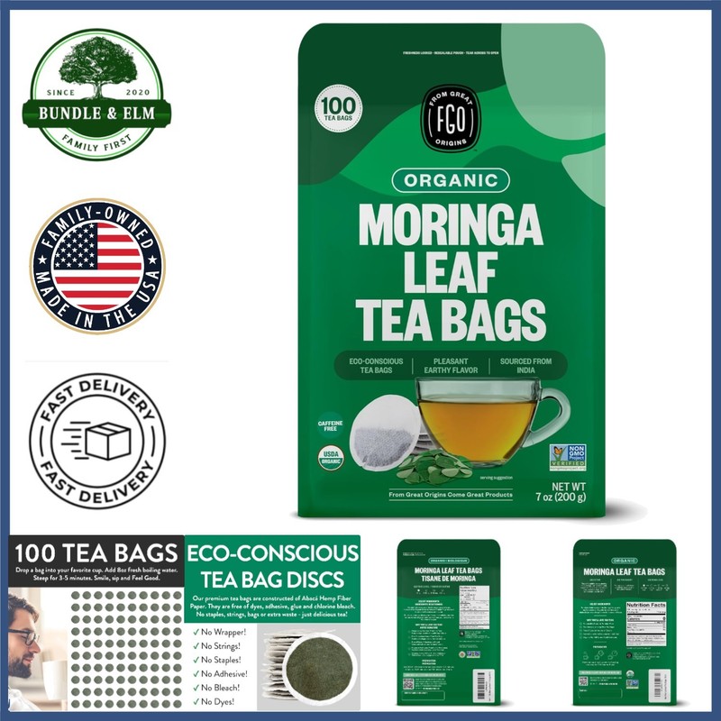 Organic Moringa Tea Bags, 100 Count for Immune Support and Detox Benefits