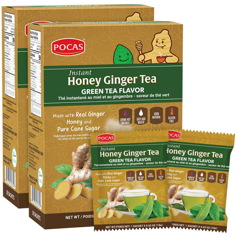 Pocas Honey Ginger Instant Tea Powder, Green Tea Flavor 2-Pack, Real Ginger Extr